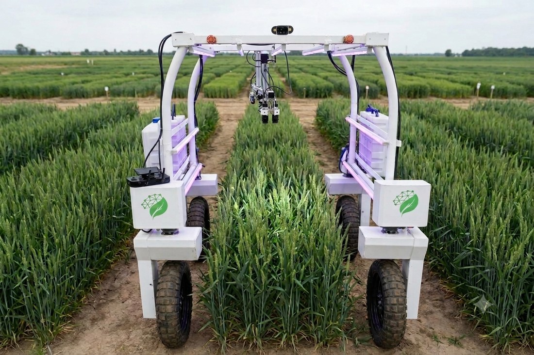 Concept render of the CropScanalyzer field phenotyping platform among crop rows