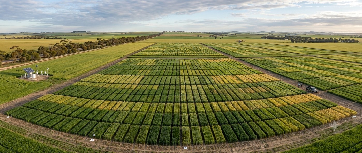 Panoramic aerial view of a wheat research field
